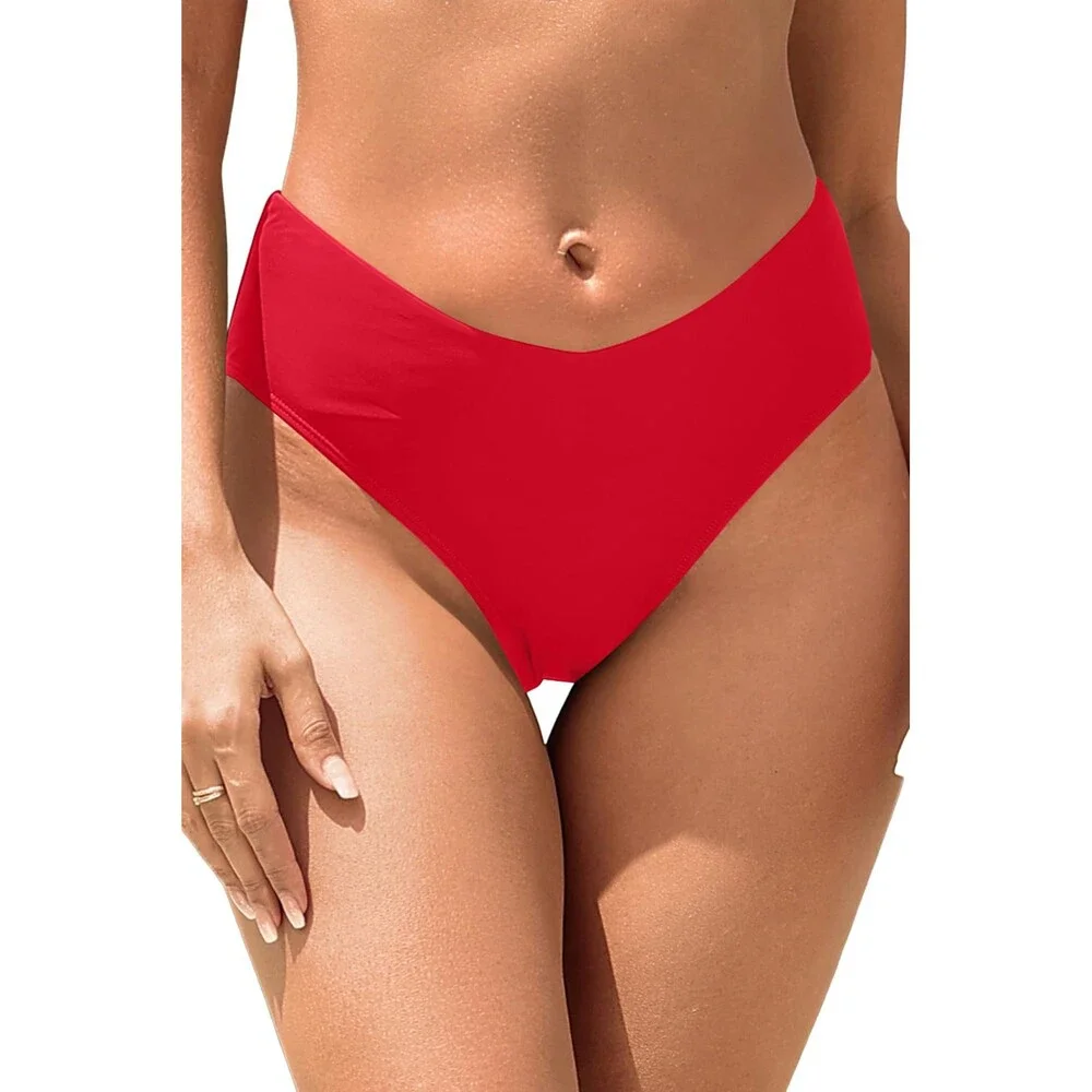 V Women's Red Cut Cheeky Bikini Bottoms Mid Waist High Swim Bathing Suit Front M